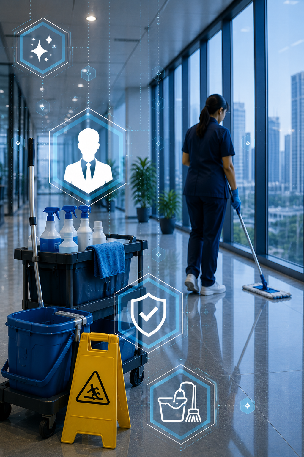 Maquinaria de limpieza industrial con cono de piso mojado y paños de microfibra