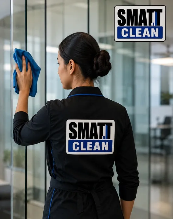 Equipo de limpieza profesional de SMATT Clean trabajando en una oficina
